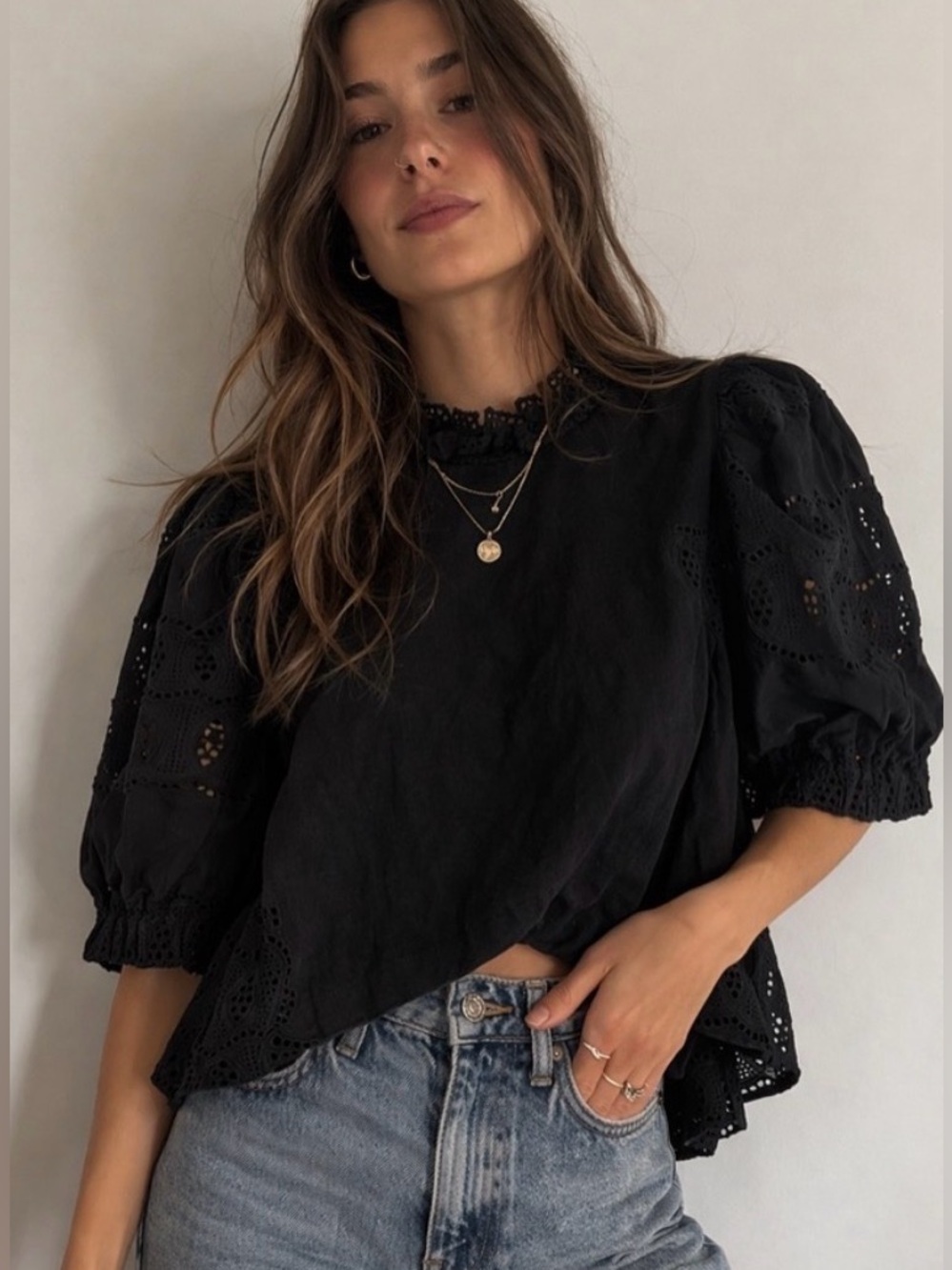 Othilia Black Eyelet Puff Sleeve Blouse Cottagecore Babydoll Top XS